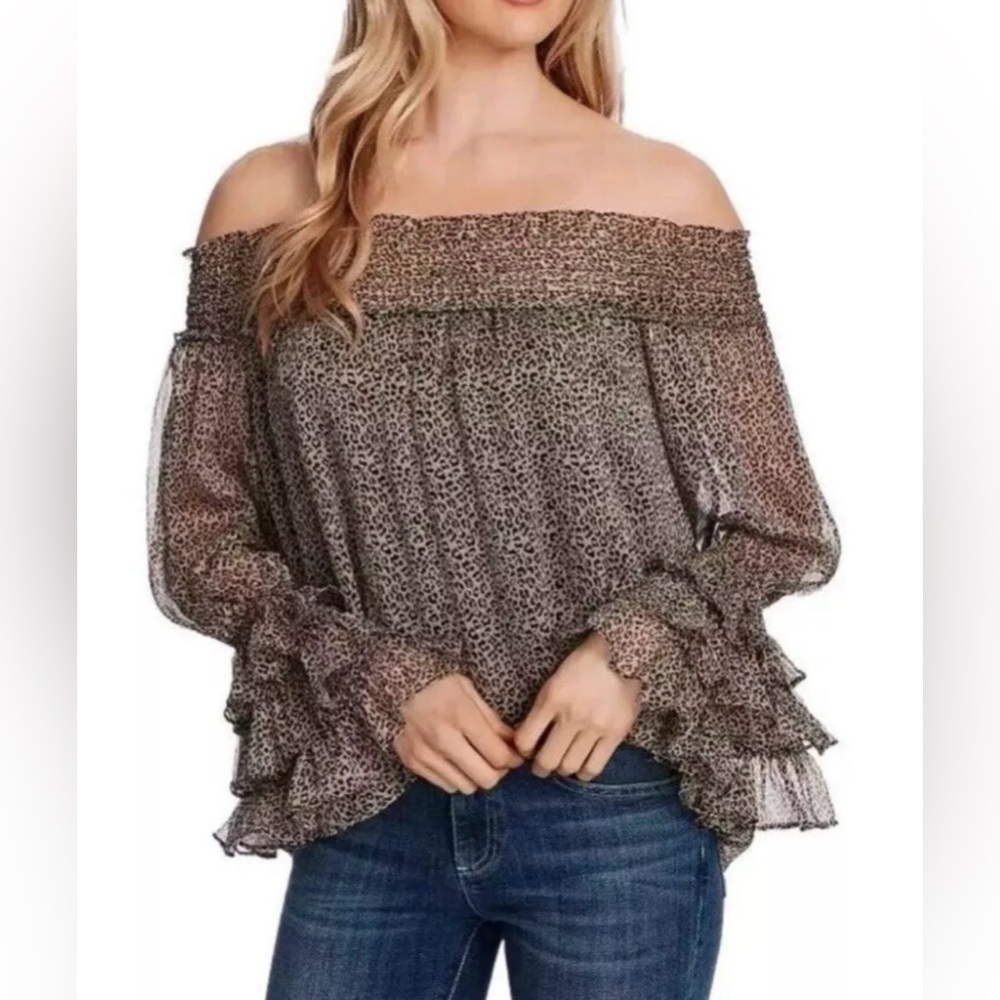 CeCe Black & Brown Cheetah Off-Shoulder Blouse with Ruffled Sleeve Cuffs Medium